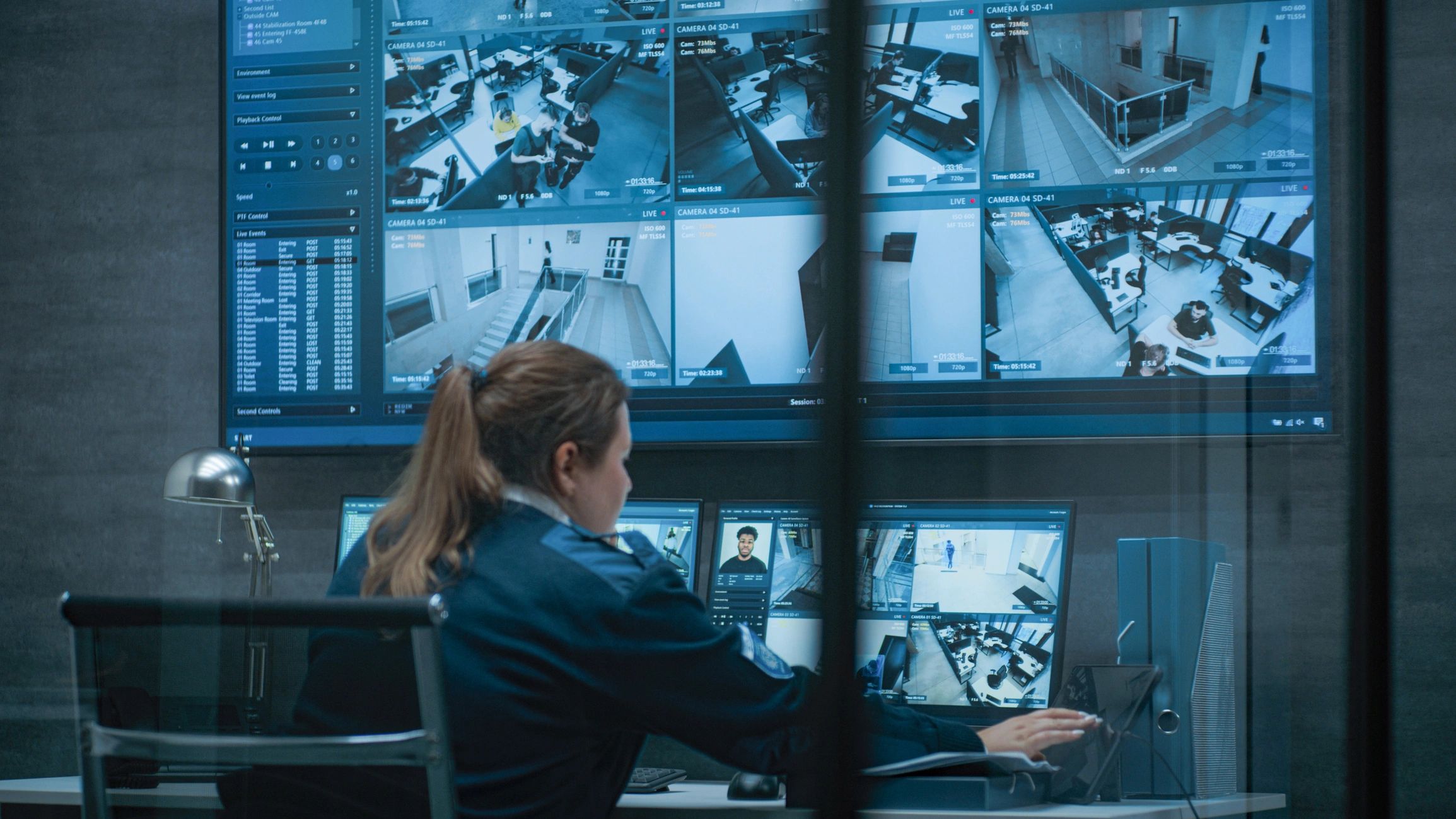 Security monitoring control room screens