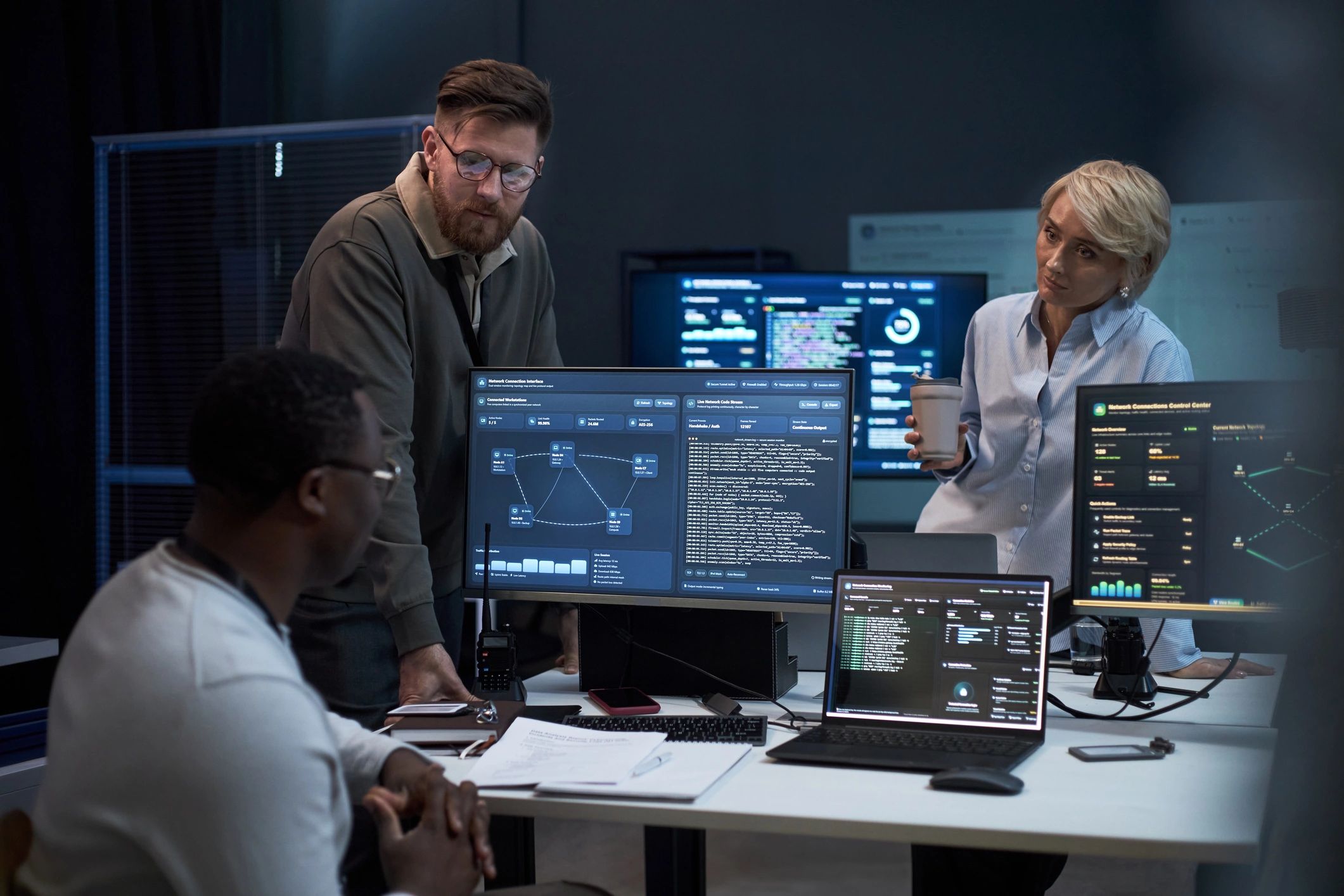 Security operations centre with team monitoring systems